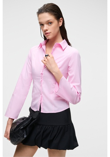 GRINNE Kadın Slim Gömlek Yaka Uzun Kollu İnce Uzun Pembe Gömlek
