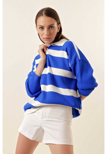 Gabria Fermuarlı Çizgili Kazak Saks