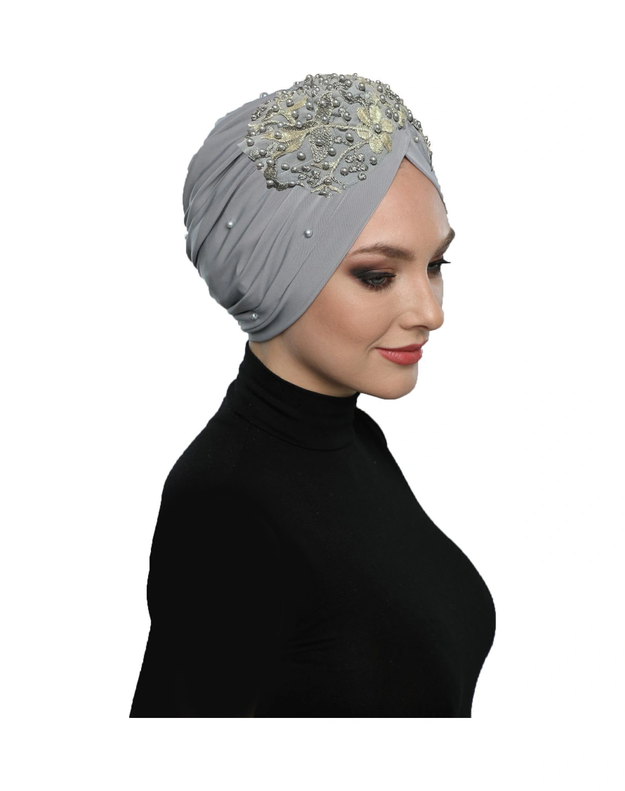 Kopma Astarlı İşlemeli Açık Gri Bej Dantel Motifli Hazır Türban Tesettür Abiye Bone Açık Gri-bej