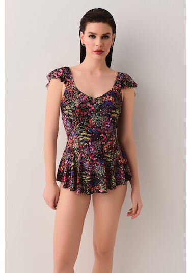 Suwen Garden Etekli Mayo Sb2519511061106 Siyah Çiçek Desenli