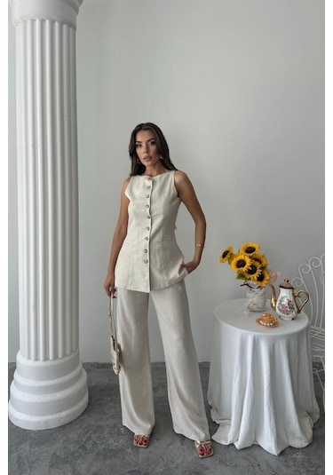 Sensuelle Keten Yelek - Pantolon Takım - Taş Altın