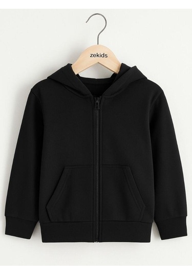 Çocuk Fermuarlı İnce Mevsimlik Basic Kapüşonlu Okul Hırkası-16092 Siyah
