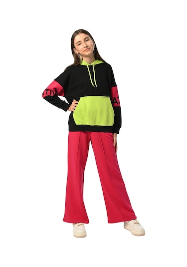 Kız Çocuk Kapüşonlu Neon Renk Bloklu Tasarım Sweatshirt-13397-siyah Siyah