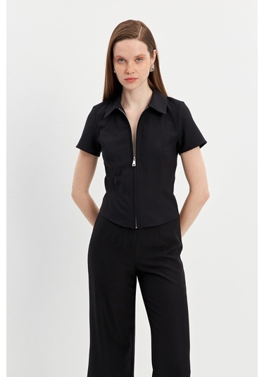 Stella Pulvis Siyah Fermuarlı Slim Fit Kuplu Bluz