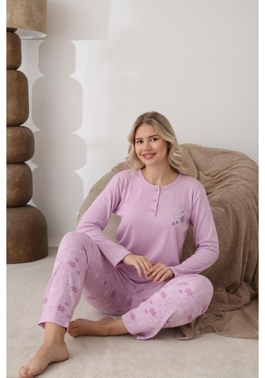 Lindros Kadın Pamuk'lu Düğme Yaka Raporlu İnterlok Kışlık Pijama Takımı 05163 - 1 Adet Gül Kurusu