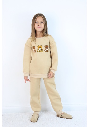 Kız Çocuk 3'lü Ayıcık Nakışlı 3 İplik Oversize Şardonlu Takım Ekru