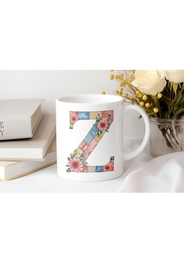 Z Harfli Retro Çiçekli Kupa Bardak - Patchwork Tarz Yamalı Desenli İsme Özel Kupa - Hediye 07 Beyaz