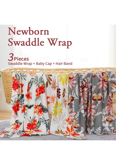 Moveevo Su5013 Bebek Kundak Üçlü Set Baskılı Kundak + Şapka + Saç Bandı 80 80cm Beyaz Şakayık Çok Renkli