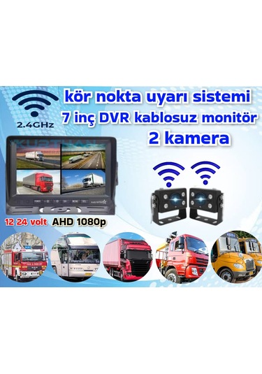 2 Adet Kablosuz Kamera Ahd 1080p 7 İnç Dvr Monitör Bsd Kör Nokta Sistemli 12 24 V