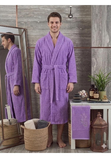 Premium 2'li Aile Bornoz Seti Çeyizlik Pamuklu Hediyelik Banyo Takımı L/xl Lavanta