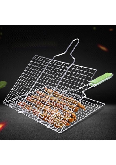 Pazly Üç Boyutlu Paslanmaz Çelik Izgara Ağı, Ahşap Saplı Balık Klipsi, Gümüş Yeşil Renk Gümüş