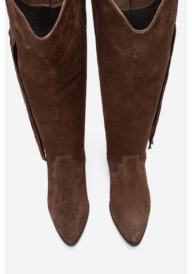 Rios Kahverengi Hakiki Deri Süet Püsküllü Kadın Kalın Topuklu Çizme Kahverengi