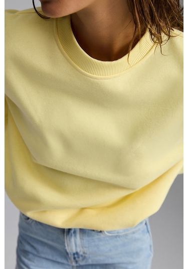 Vaneltına Kadın Içi Polarlı 3 Iplik Organik Pamuk Oversize Basic Bisiklet Yaka Sarı Sweatshirt