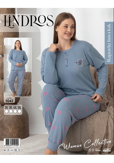 Lindros Kadın Pamuk'lu Düğme Yaka Raporlu İnterlok Kışlık Battal Pijama Takımı 0242 - 1 Adet Mavi