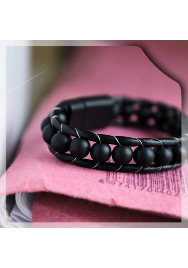 Moncuk Design Mat Oniks Taşı Örmeli Deri Bileklik 33512b2d8m7 Çok Renkli