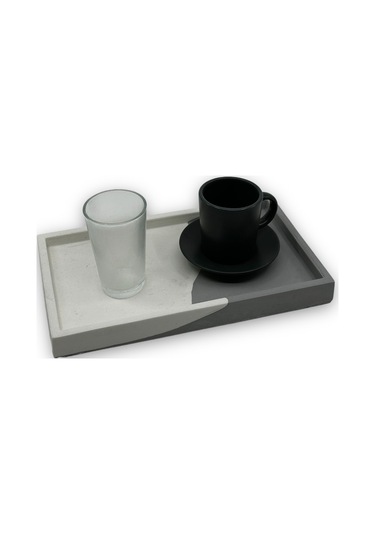 Beyaz Antrasit Tepsi Mermer Desen Görünümlü Beton Sunumluk Tepsi Dekoratif Organizer 15 Cm