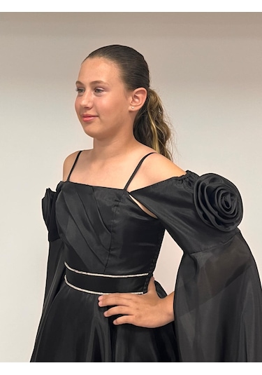 Kız Çocuk Abiye Siyah Uzun Askılı Kolları Çıkabilen Pelerinli Şifon Abiye Elbise 10-15 Yaş Siyah