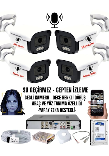 4'lü Sesli - 5mp Sony Lens Gece Renkli Yüz Tanımalı Kamera Seti