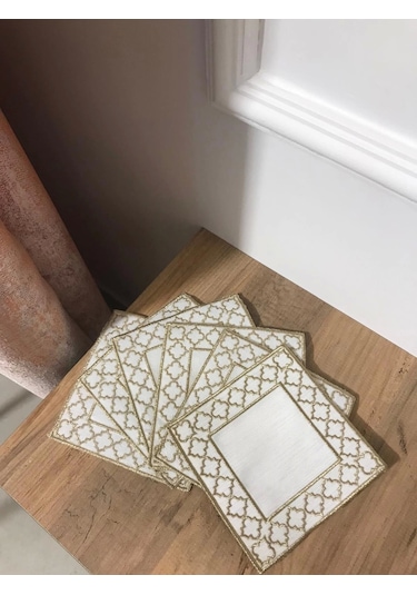 Nivemeshome Fas Nakışlı Gold Kare 6 Adet Keten Kokteyl Peçetesi Kahve Yanı Sunumluk Gold