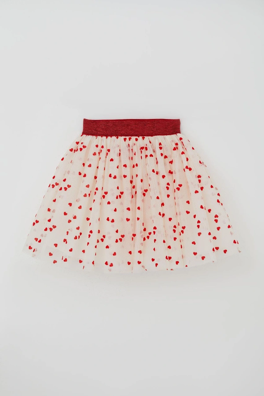 Breeze Kız Çocuk Tütü Etek Kalp Desenli Beli Lastikli 5-10 Yaş, Krem Krem