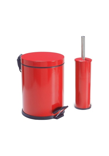 Zethome Kırmızı İkili Banyo Seti Çöp Kovası-tuvalet Fırçası Kırmızı
