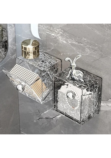 Hangfox Banyo Duvarlı Saklama Kutusu - Toz Koruyucu Kapaklı, 1l Hacimli, Transparan Gümüş + Tavşan Desenli Makyaj Ürünleri Dolabı Diğer