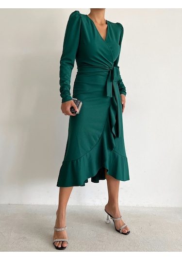 Kadın Yeşil Krep Kumaş Midi Boy Kuşaklı Uzunkol Elbise Bediva 001