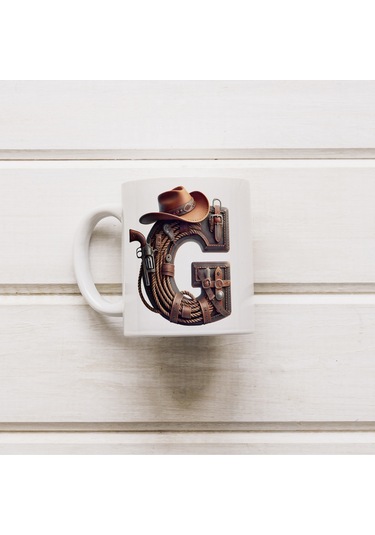 G Harfi Kovboy Temalı Bardak 330 Ml İsim / Harf Kişiye Özel Hediye - Vahşi Batı Konsept Beyaz