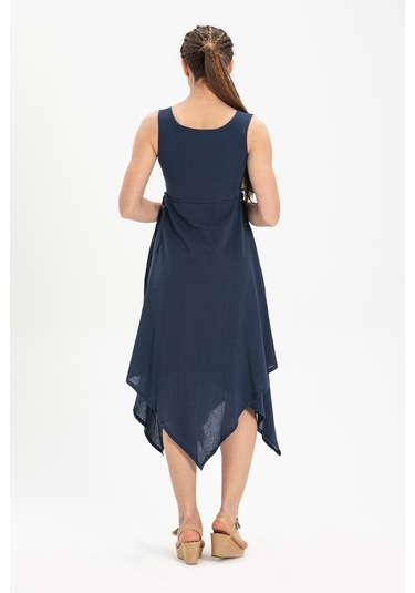 Kolsuz Şile Bezi Üçgen Katlı Midi Boy Yazlık Elbise Lacivert Lcvt Lacivert