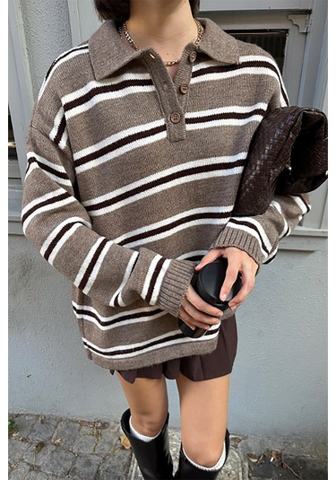 Vizon Polo Yaka Çizgili Kadın Triko Kazak Mg2469 Vizon