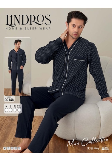 Lindros Erkek Gömlek Yaka İnterlok Uzun Kol Pijama Takımı 00148 - 1 Adet 001