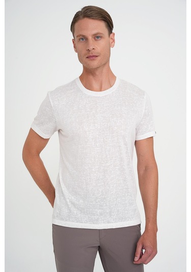 Comfort Fit Bisiklet Yaka Viskon Karışımlı Casual Ekru Tişört Ts 902 Ekru