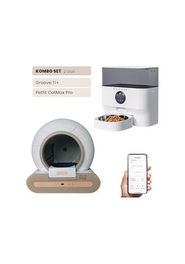 Groove Ti+ Wi-fi Akıllı Otomatik Kedi Tuvaleti Kahverengi + Petfit Catmax Pro 5l Wi-fi Kameralı Akıllı Otomatik Mama Kabı Besleme Ünitesi Bundle