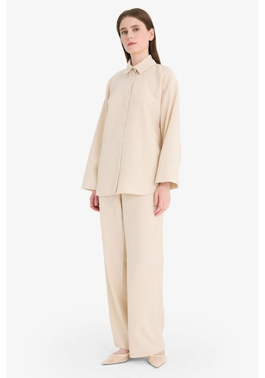 DeFacto Relax Fit 2'li Takım Gofre Dokulu Uzun Kollu Gömlek Pantolon F4094AX25SMBG74