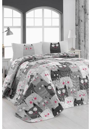 Enlora Home Kapitone Yatak Örtüsü Seti Çift Kişilik Duvardakediler Gri