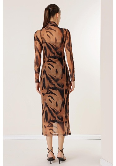 Leopar Desenli Önü Büzgülü Astarlı Tül Elbise-35114-taba Taba