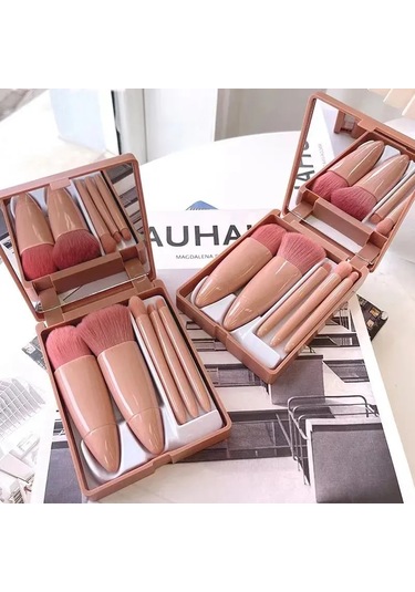 Shineyee Taşınabilir Mini Güzellik Fırçası Seti - 5 Farklı Fırça Göz Farı, Pudra, Allık - Yumuşak Sentetik Tüyler - Yolculuk İçin Ideal - Ayna Kılıfı İle