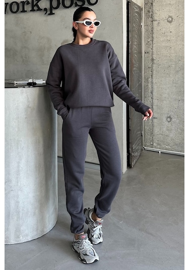 Modagen Antrasit Bisiklet Yaka Düz Oversize Alt-üst Eşofman Takımı Antrasit