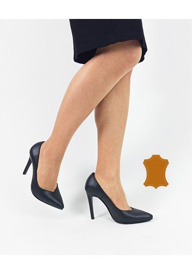 Hakiki Deri Siyah İnce Yüksek Topuk Kadın Stiletto Siyah