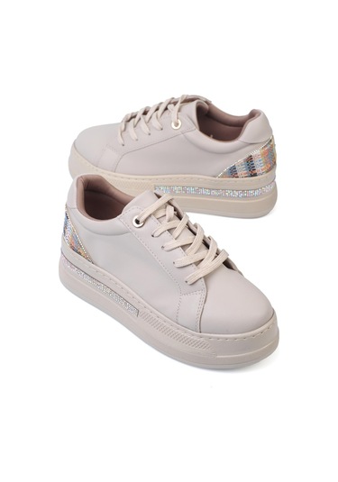 Shoetek Olala Kadın Sneakers Bağcıklı Arka Desenli Spor Ayakkabı Bej Deri Bej Cilt Bej