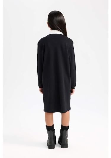 DeFacto Kız Çocuk Gömlek Yaka Basic Düz Uzun Kollu Siyah Elbise D7421A824WNBK27 Siyah