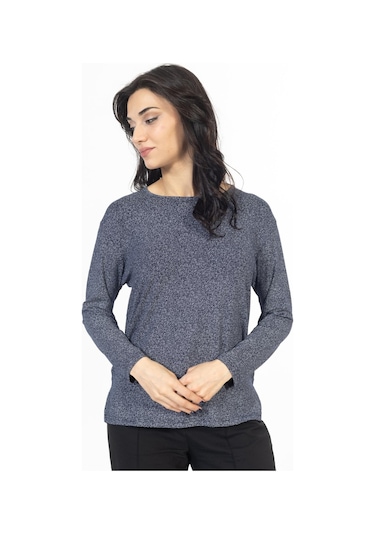 Yeni Sezon 2024 Desenli Yuvarlak Yaka Rahat Kalıp Likralı Anne Penye Bluz 6406-lacivert Lacivert