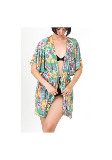 Pareo Plaj Elbisesi Kimono Std Yazlık Oversize Tül Gömlek Kemerli Elbise Şal Desen Yeşil