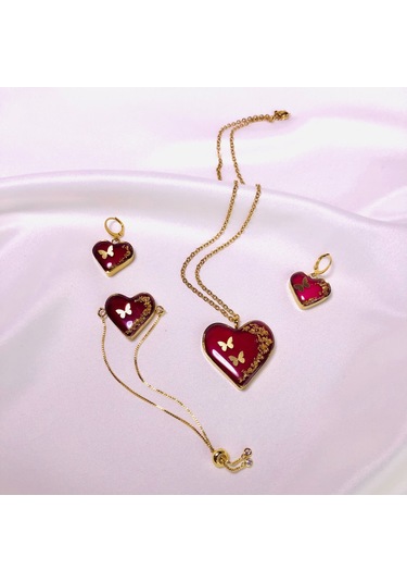 Altın Kaplama Çelik Kolye Küpe Bileklik Yüzük ve Saç tokası Set Altın