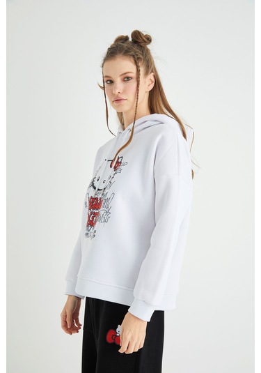 Hello Kitty Lisanslı Baskılı Kapüşonlu Kalın Sweatshirt Renkli