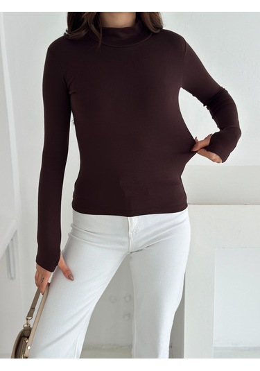 Kadın Yarım Balıkçı Yaka Parmak Geçmeli Full Likralı Buzz Body Kahverengi