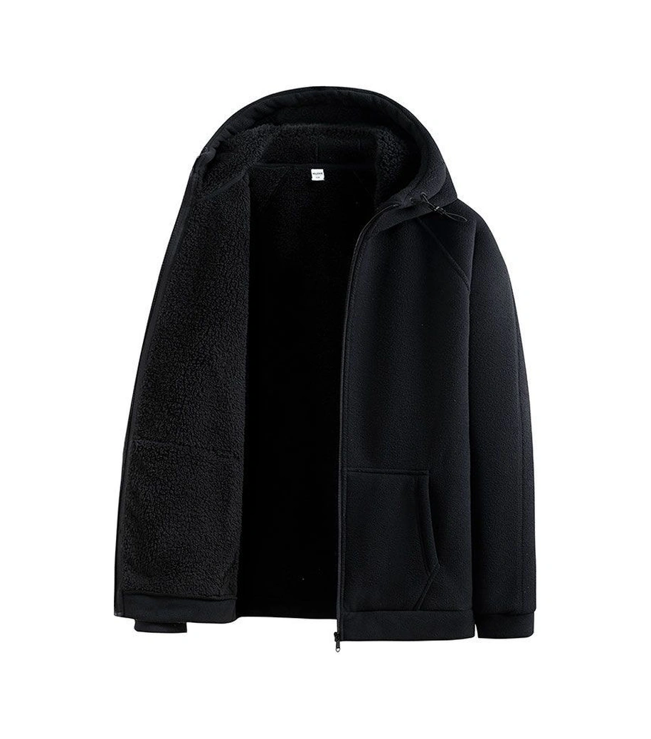 Peluş Sıcak Çift Katmanlı Kalın Günlük Kapüşonlu Ceket Siyah