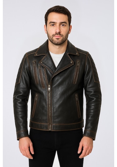 Derije Lucas Hakiki Deri Erkek Vintage Eskitme Biker Motorcu Tarzı Ceket-Mont