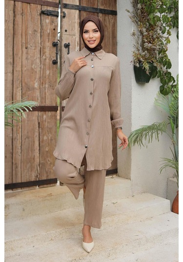Büzgü Detaylı Tesettür Vizon Takım Vizon
