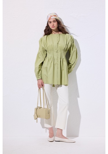 Beli Pile Detaylı Uzun Kol Bluz Yeşil Yeşil